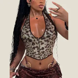 Y2K Vintage Leopard Print V-Neck Boned Grommet Eyelet Front Lace Up Back Halter Corset Shapewear Party Crop Tank Top Edgy Sexy Music Festival Sleeveless Womenswear