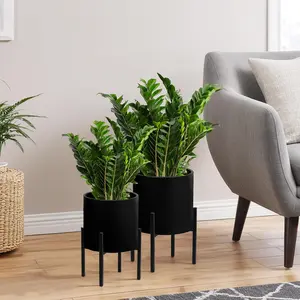 Modern  Pots, Set of 2 Large Planters with Stand, Decorative Planters, Metal Pots with Drainage Holes for Living Room, Office, Garden or Balcony, 8.25 &10.5 Inch, Blcak