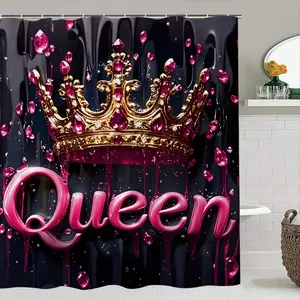 Luxurious Queen Theme Bath Curtain Set, Background with Gold Crown, Waterproof Shower Curtain with 12 Hooks, Bathroom Decor Gift, Bathroom Accessory, Shower Curtain Sets, Home Goods