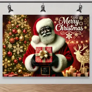 Black Santa Claus with Gift Festive Christmas Photography Backdrop Polyester Holiday Studio Background Decorative Tree & Merry Christmas Sign for Themed Photo Shoots Banners