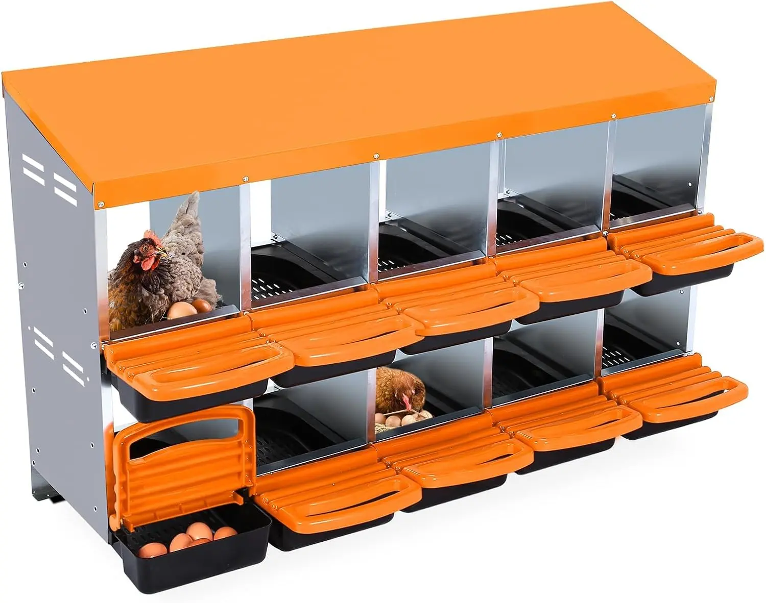 10-Hole Orange Plastic Roll-Away Chicken Nesting Box Egg System for Hens, Chicken Coop Accessory That Works as Coop Nesting Box, With Ventilated Holes, Rustproof Tray, Keyhole Mounting, Fast Installation, 18-20in Height, Secure Nest Reduces Stress