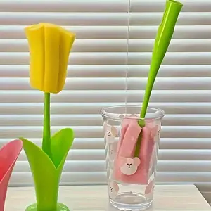 Tulip Design Cup Brush, 1 Count Reusable Cup Brush with Detachable Sponge Head, Portable Cleaning Brush for Kitchen