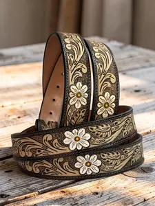 Women's Tooled Western Engraved Leather Belt 100% Genuine Full Grain Cowhide Belt Strap Cowboy 1.5" Wide Embossed Leather Snap-On Belt