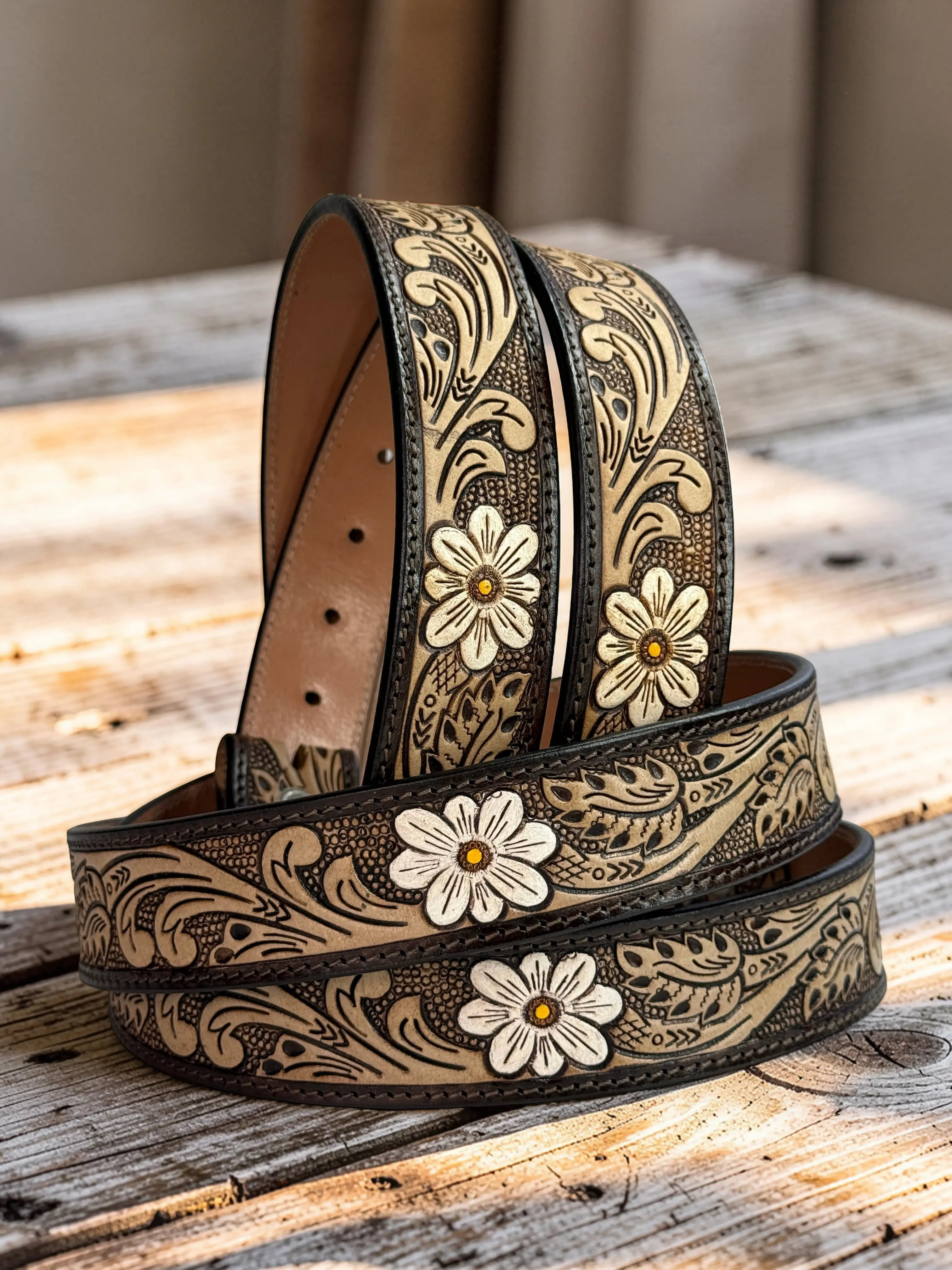 Women's Tooled Western Engraved Leather Belt 100% Genuine Full Grain Cowhide Belt Strap Cowboy 1.5" Wide Embossed Leather Snap-On Belt