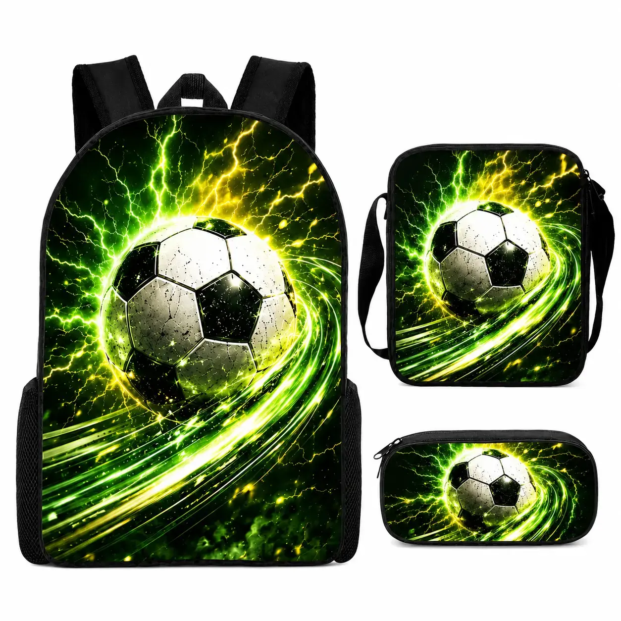 Unisex Teen Football Print 3-in-1 Soccer Ball Backpack Set - Oxford Poly, Prop 65 Safe, Large Capacity, Thermal Lunch Bag, Pencil Pouch, Sports-Style School Bookbag, Birthday Gift Option