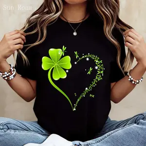 Crew Neck T Shirt  Four Leaf Clover Heart Design St Patrick's Day Celebration