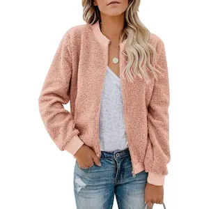 Women's Fitted Artificial Plush Round Collar Zipper Long Sleeve Casual Coat - Street-Style Outerwear with Pockets, Coats