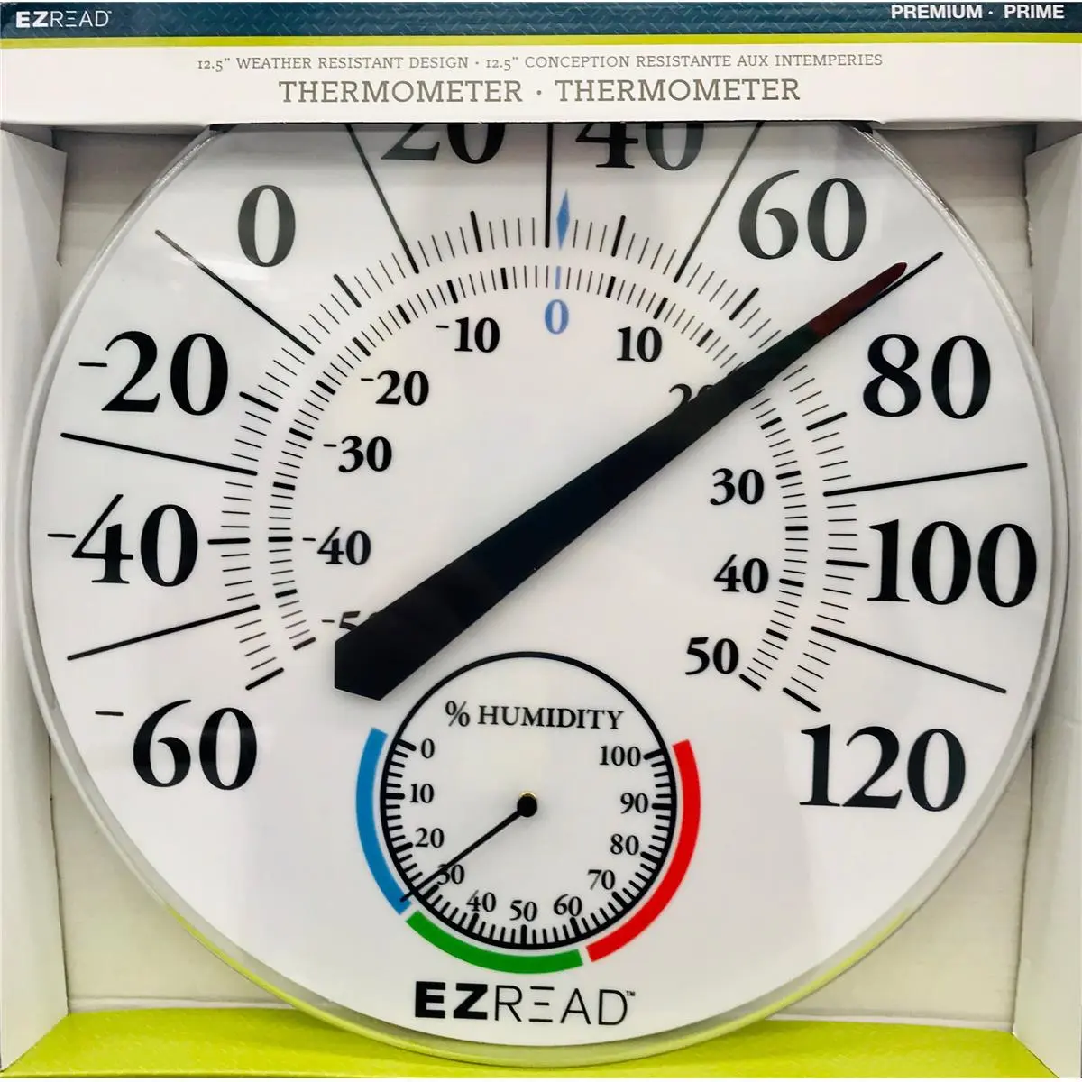 212 MAIN 12.5 in. Plastic Wall-Mount EZ Read Dial Thermometer with Moisture Indicator, White, Large Dial, for Home Use