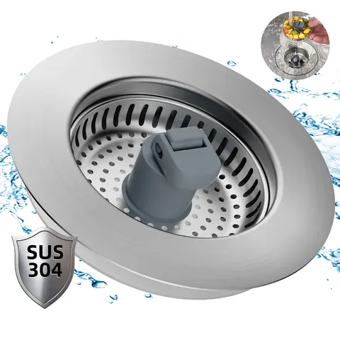 Hibbent Round Rust-Resist 304 Stainless Steel 3-in-1 Kitchen Sink Drain Strainer - Push Button Pop-Up Stopper, Anti-Clogging Cover, Fold-Up Handle, 1-Press Drain Plug, US Std Fit Kitchen Fixture Accessories