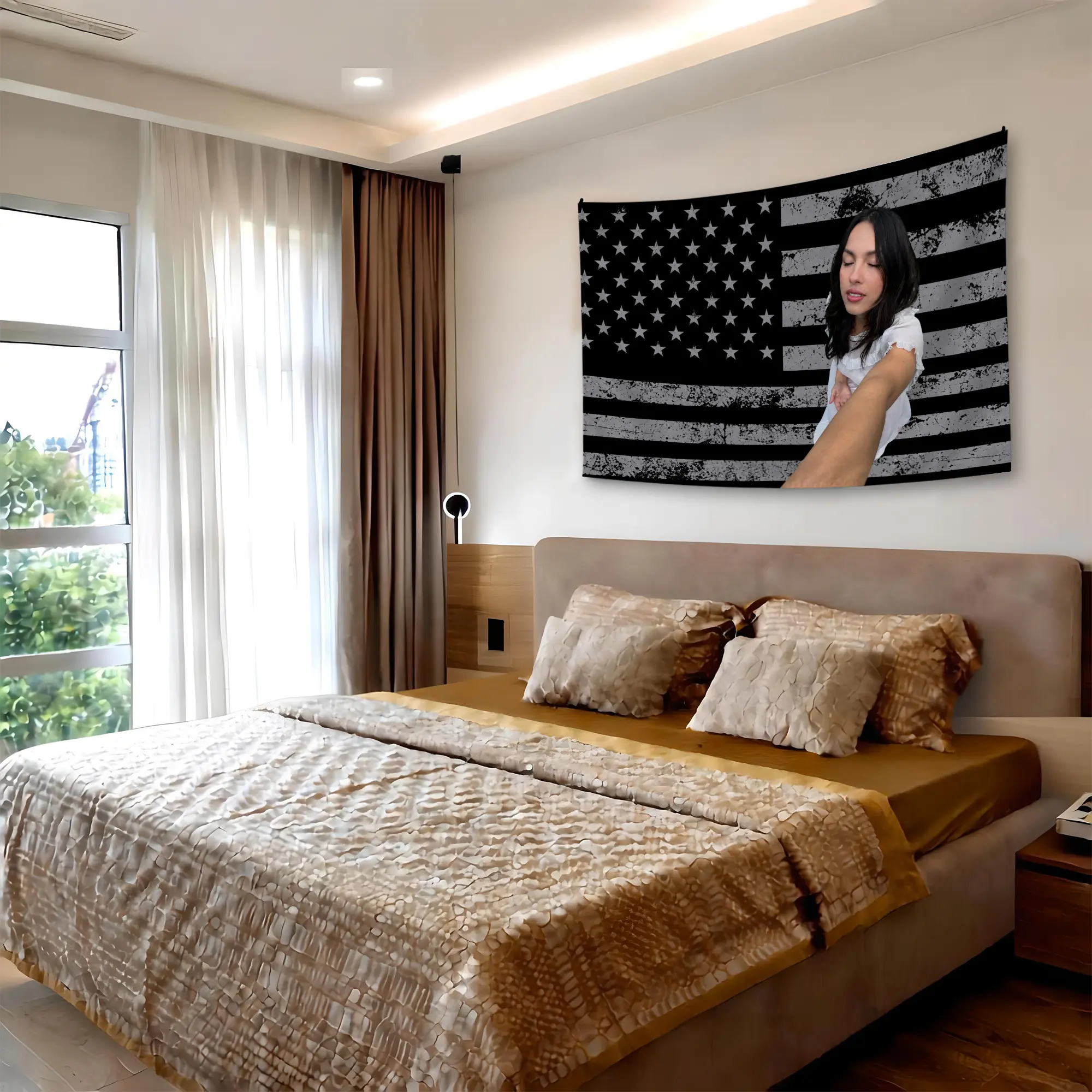 Reaching Arm Girl Portrait Pink American Flag Tapestry, Aesthetic Woman in White Ruffle Top with USA Flag Background, Trendy Modern Fabric Wall Hanging for Bedroom Dorm Living Room, Cute Room Wall Decor, Backdrop and Gift
