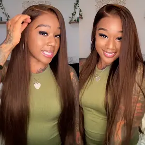 [#4 Chocolate Brown] Megalook 13x6 Glueless HD Lace Frontal Wigs Silky Straight/Boho Curly Pre-everything Natural Hairline Drawstring Band Suitable For Any Head