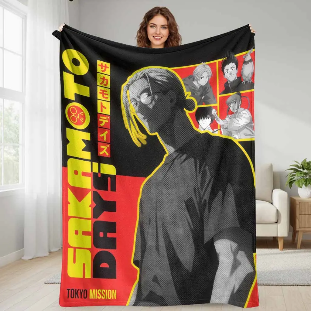 Sakamoto Style Flannel Fabric Throw Blanket - Tokyo Mission Anime Print, Soft, Cozy, Warm, Lightweight, Breathable, Wrinkle Resistant, Anti-Pilling, Multi-Size, Indoor/Outdoor, for Sofa, Bedroom, Gift Decor, Valentine, Housewarming, Anniversary