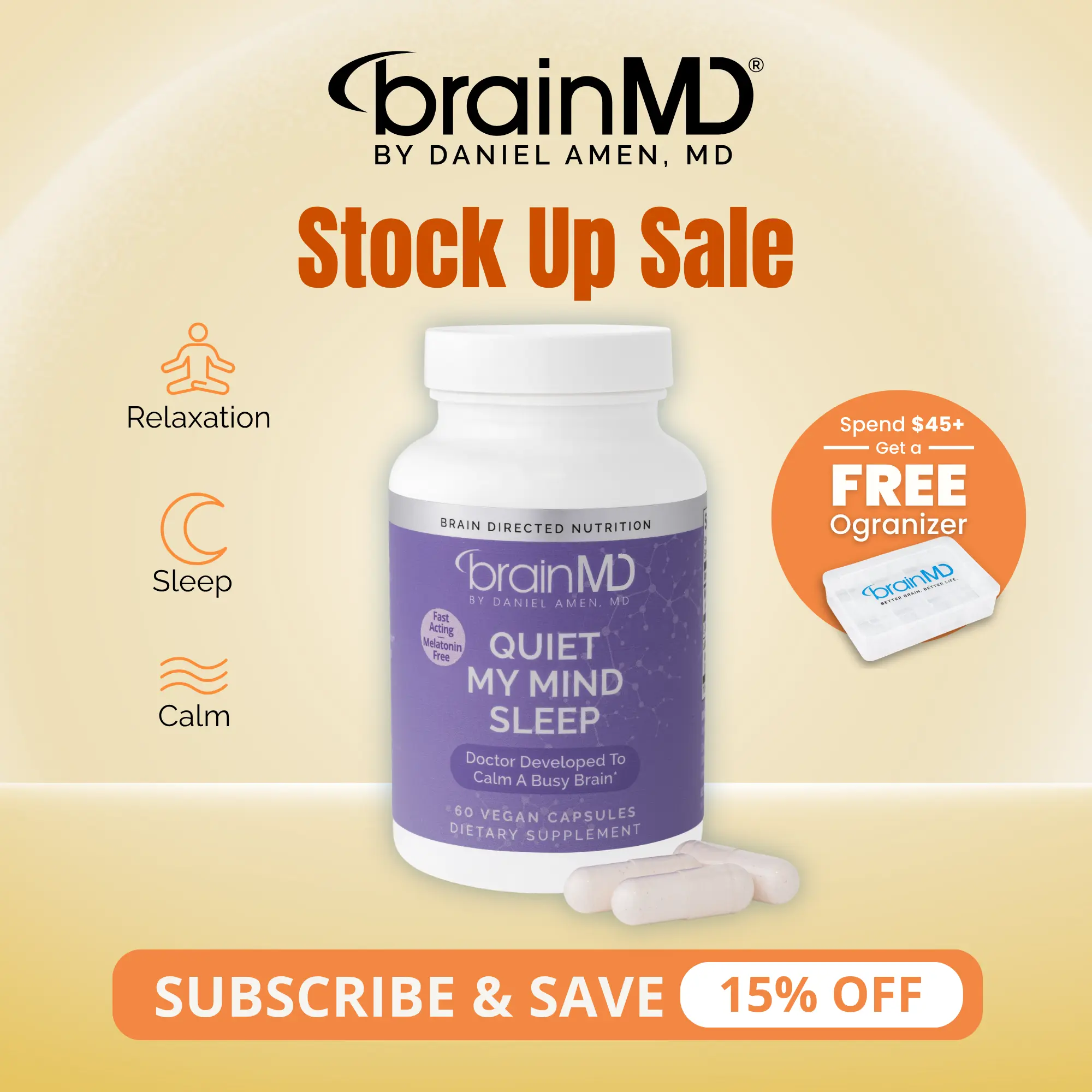 Quiet My Mind Sleep | BrainMD | 60 Capsules | Calm Mind & Restful Sleep Support | Relaxation, Mood & Attention Support | affron Saffron with L-Theanine & Magnesium
