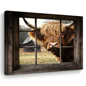 Room Decoration 1 Piece Farmhouse Style Highland Cow Canvas Painting, Wooden Frame Print, Unique Bachelorette Party Decoration, Fabric Home and Office Decoration, Ideal Christmas Gift, Wall Art Decoration