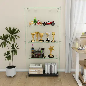 4-Tier LED Glass Display Cabinet, 5 Dynamic Light Modes, Double Door Floor Standing Showcase with Sturdy Fixed Shelves, Stylish Storage Cabinet for Home Decor Office Retail Product Display