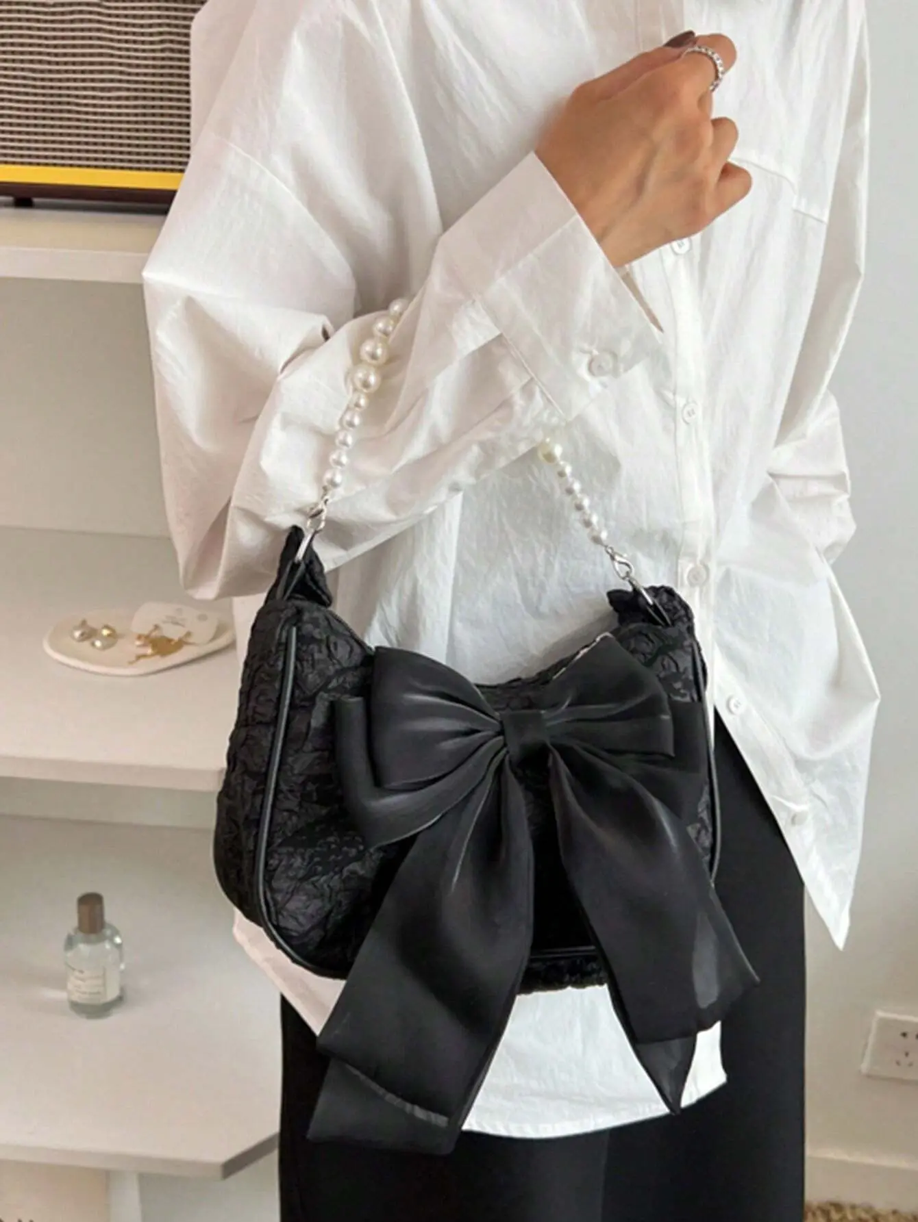 Elegant Argyle Princess Baguette Bag with Faux Pearl Chain & Rhinestone Decor, Black Jacquard Bow, Lightweight and Business Casual, Perfect for Party, Wedding, Prom, Dinner, Office, Commute, and Travel
