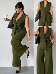 Firerie Plus Size Women Solid Color Shawl Collar Belted Sleeveless Blazer And Pants Casual Commuter 2 Pieces Set Brown Jumpsuit Women Plus Size Formal Jumpsuit Brown Two Pieces Set WomenTwo Pieces Suits Autumn Winter Clothes For Women