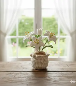 White Lily Crochet Flower, Handmade Lily in Pot, Gift for Mom, Brithday Gift