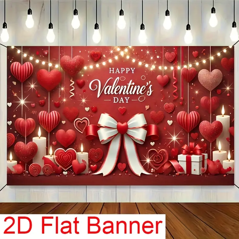 Polyester Valentine's Day Backdrop Banner - 1-Piece 2D Flat Romantic Love Heart Candle Themed Decor Cloth, Indoor/Outdoor Photo Booth Background for Wedding Proposal, Birthday