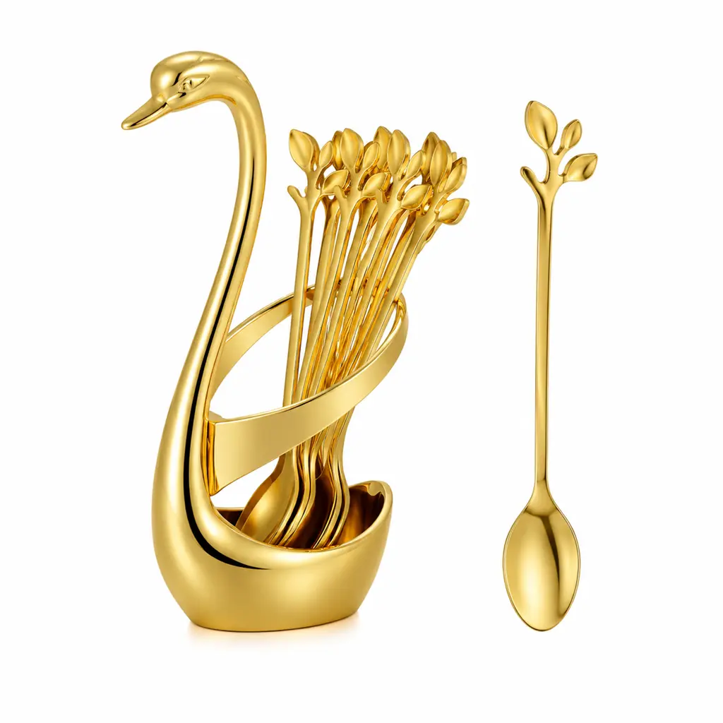 Gold-Tone Swan Spoon Holder & 10 Mini Leaf Demitasse Spoons 11-Piece Kitchen Tableware Set, 4in & 7in Cutlery