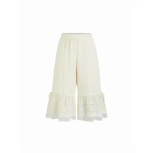Cider Textured Mid Rise Lace Panel Ruffle Hem Capri Shorts