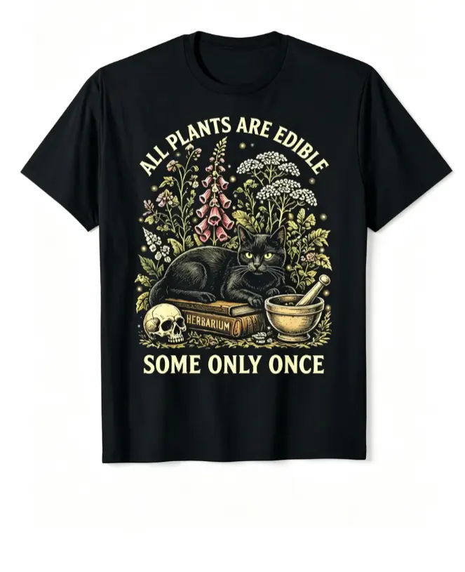Black Cat Dark Botanical Graphic T-Shirt, Plant Lover Witch Casual Short Sleeve Tee cotton unisex streetwear statement tee funny meme