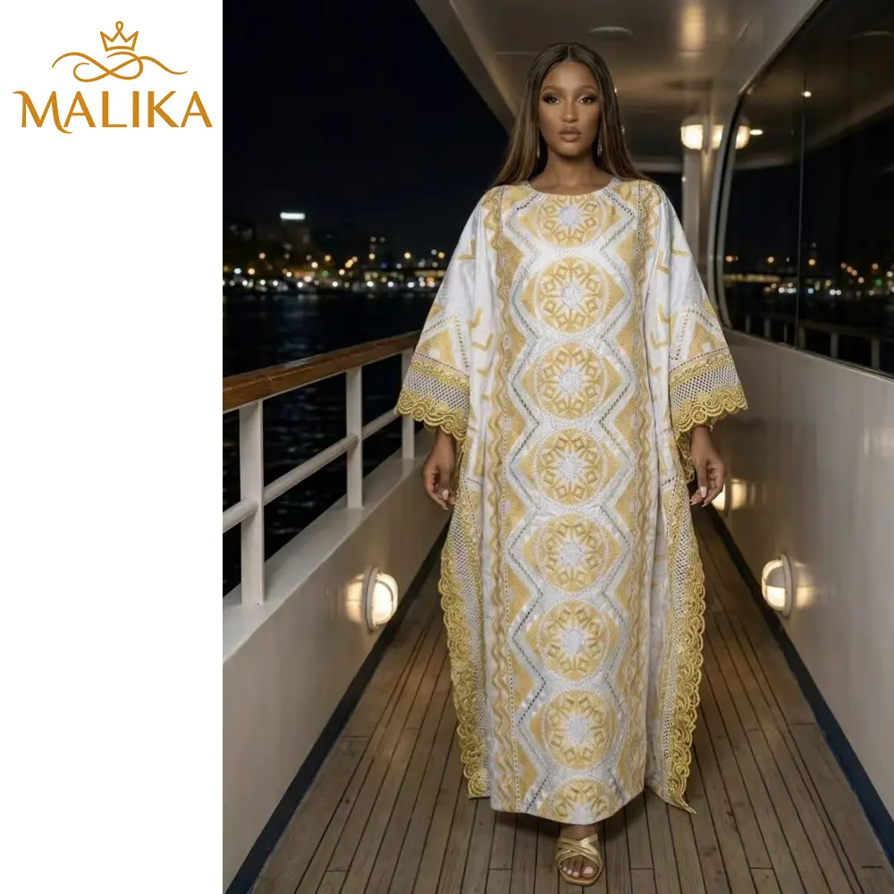 Women's Gold & White Embroidered Stone-Adorned Bazin Boubou Dress, Nigerian Traditional Batwing-Sleeve Cowl-Neck Long Robe, Boho Style Formal Wedding Attire