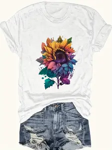 Sunflower Thanksgiving Animal & Letter Print T-Shirt, Casual Short Sleeve Top for Spring & Summer, Women's Clothing, Seasonal Clothing, Summer Outfit, Letter Graphic, Sunflower Design, Comfortable Fit, Soft Material, Printed Tshirt, Lightweight Shirt, Wom