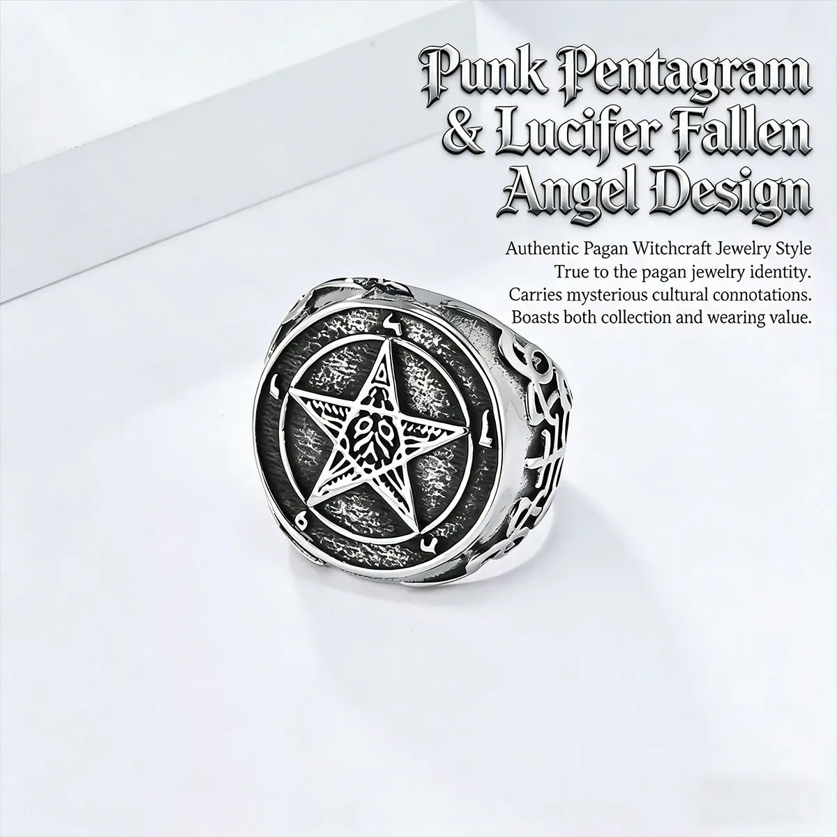 Solid Copper Band Ring - Costume Jewelry, Vintage Lucifer Fallen Angel Design, Antiqued Hand-Finished, Pagan Pentagram, Gothic Punk Alt-Style Metal Ring, Authentic Pagan Witchcraft Accessory, Dark Aesthetic, 2026 Memorial Day Campaign, Everyday Wear, Meta