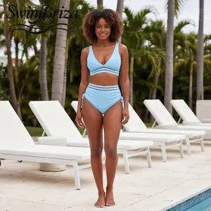 Briza｜Matte Strappy Light Blue High Waisted Bikini Set for Women Ruched Tie Side Two Piece Bathing Suit Retro Tie Side Swimwear Summer Vacation, Women's Swimwear, Bathing Suit for Women, Beach Pool Summer Vacation for Women, Resort Cruise Beachwear