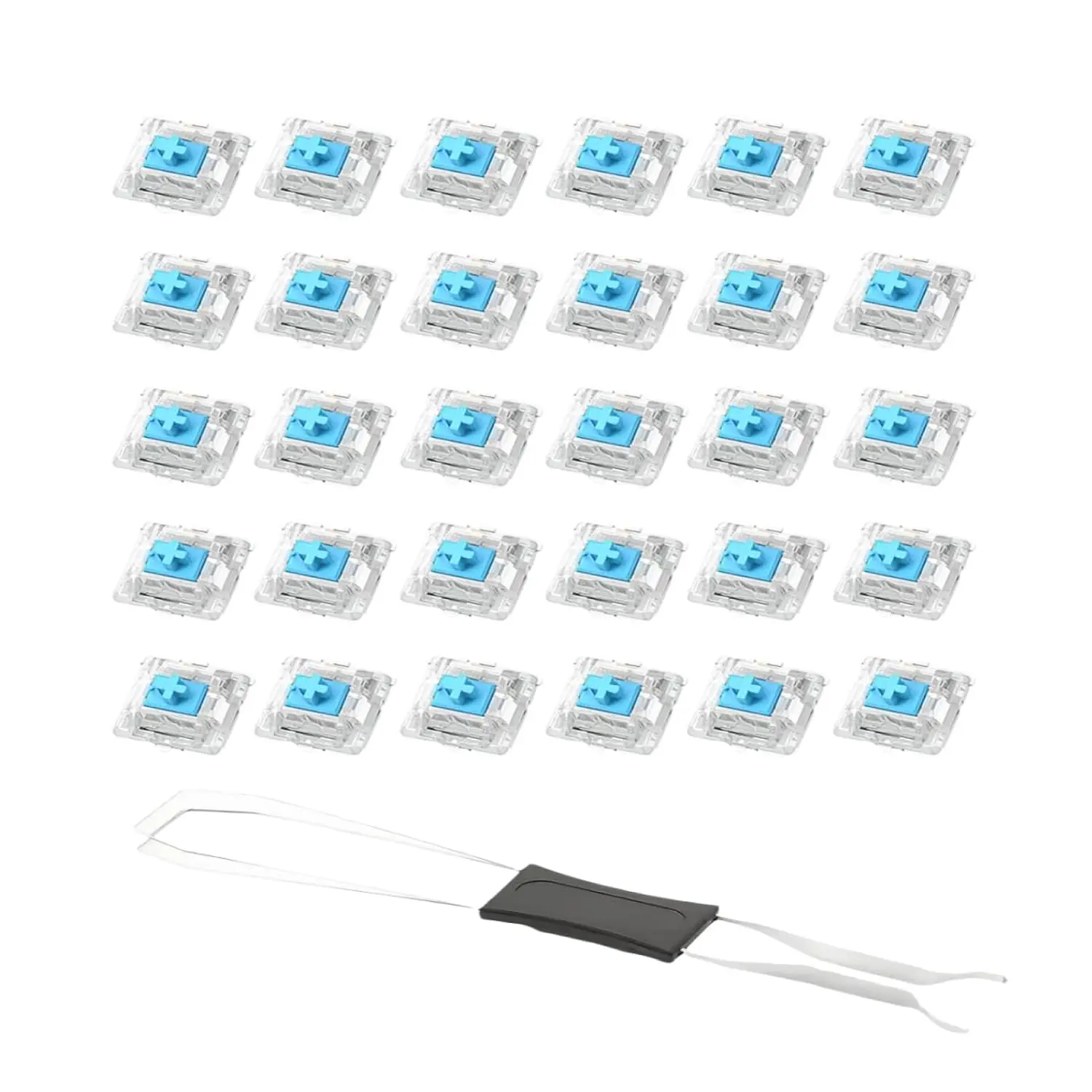 30 count Blue Mechanical Keyboard Switches with Key Puller Too, 3-Pin Pre-Lubricated Clicky Switches,   Accessories for Mechanical Gaming Keyboards