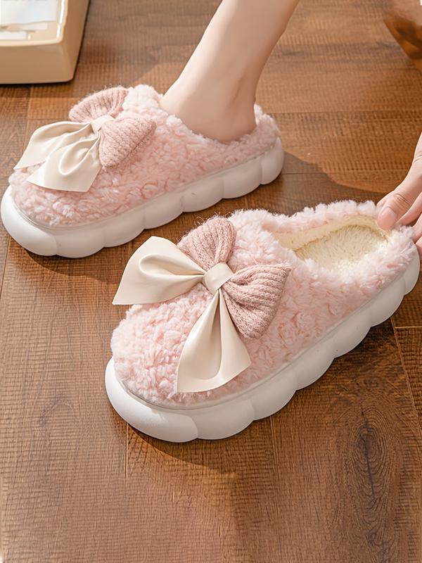 Women's Bow Slipper Shoes, House Slippers, Comfortable Warm Lining, Non-Slip Thick Sole Design, Suitable for Fall & Winter Indoor Home Office Use