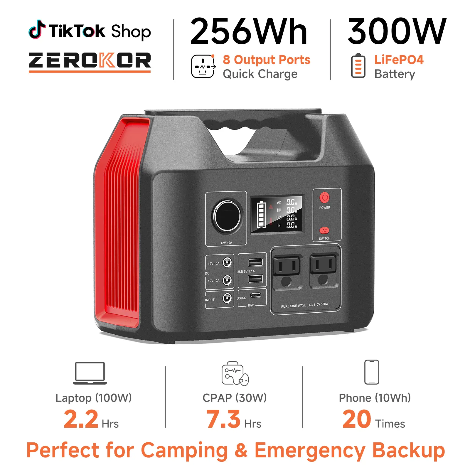 [ZeroKor] Portable Power Station 80000mAh, 256Wh LiFePO4 Battery Backup with 300W AC Outlets, 8 Output Ports & Built-in Flashlight, Solar Generator for Hurricane Emergency Outdoor Camping RVs Home