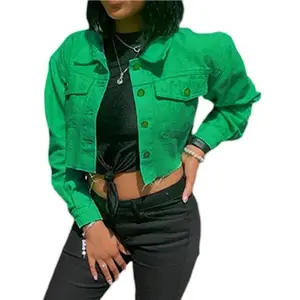 Bright Yellow Women's Distressed Hem Denim Jacket - Long Sleeve Cropped Jean Coat with Raw Hem, Button-Closure, Casual Outerwear, Solid Color Design Tops Green Womenswear Comfort Fitted Collar Winter