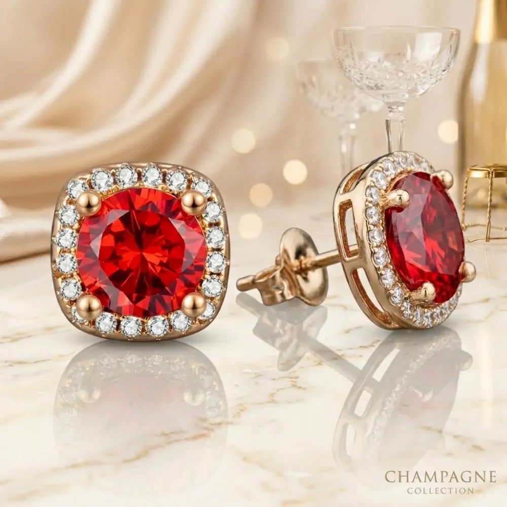 Women's Red Moissanite Stud Earrings - 1CT Cushion Cut Halo Accent Moissanite Stone, Champagne Gold-Plated S925 Sterling Silver, VVS1 Certified Jewelry, Birthday/Anniversary Gift for Adults, Mom