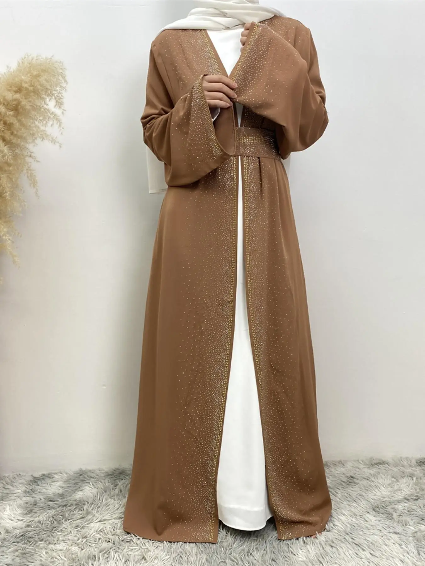 Women's Rhinestone Decor Belted Abaya, Modest Long Sleeve Open Front Abaya for Daily Wear, Women's Islamic Clothing for Spring & Fall