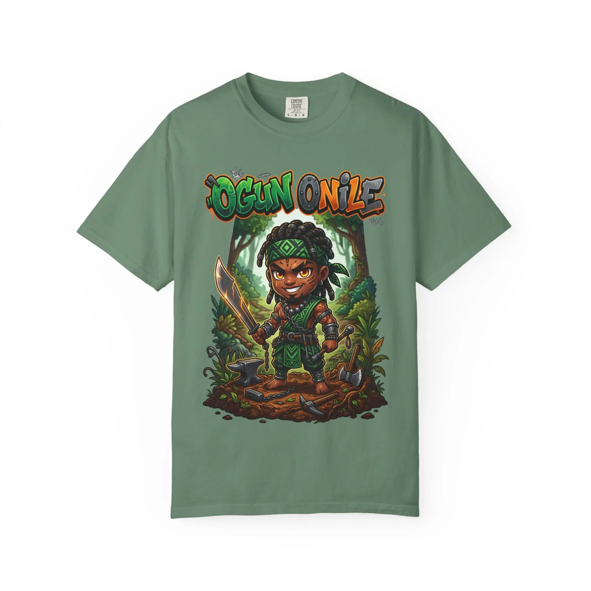 Men's Relaxed Fit Casual Short-Sleeve Round Neck Tshirt - Ogun Onile Chibi Orisha Cartoon Printed Santeria Lukumi Iron Warrior Forest Spirit Tee, Comfort Colors Garment-Dyed Cotton Fabric Top