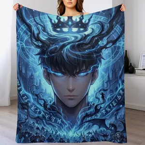 Solo Leveling Sung Jin-Woo Flannel Throw Blanket, Blue Fire Anime King Print Fleece Blanket, Cozy Warm Blanket for Fans Bedroom Couch