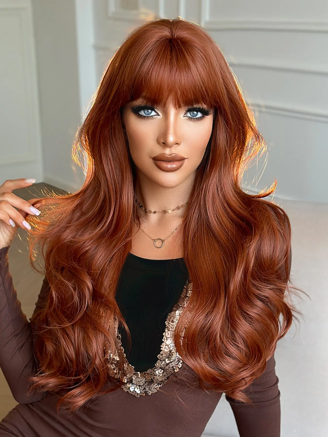 28 Inch Long Wavy Ginger Sugar Color Wig, Synthetic Machine Wigs, Gorgeous Fluffy Curly Bangs for Parties, Everyday School Use and Mother's Day Accessories, Stylist Friendly Wig, Glueless Ready To Wear Wig, Fashion Fluffy Wigs