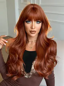 28 Inch Long Wavy Ginger Sugar Color Wig, Synthetic Machine Wigs, Gorgeous Fluffy Curly Bangs for Parties, Everyday School Use and Mother's Day Accessories, Stylist Friendly Wig, Glueless Ready To Wear Wig