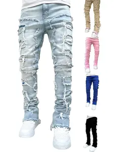 Men’s stacked high-stretch straight-fit jeans; distressed denim available in multiple colors; ripped hem patchwork distressed jeans; streetwear styles in multiple colors; slim-fit ripped jeans; premium denim fabric designed for men; trendy men’s jeans; ve