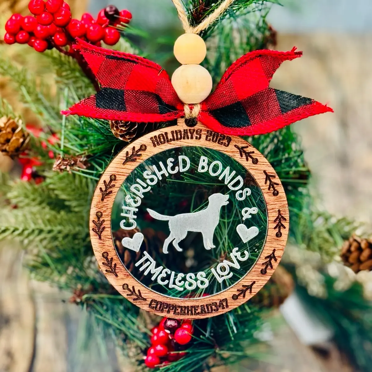 Wood and acrylic Timeless Love & Cherished Bonds holiday ornament and cookie stamp