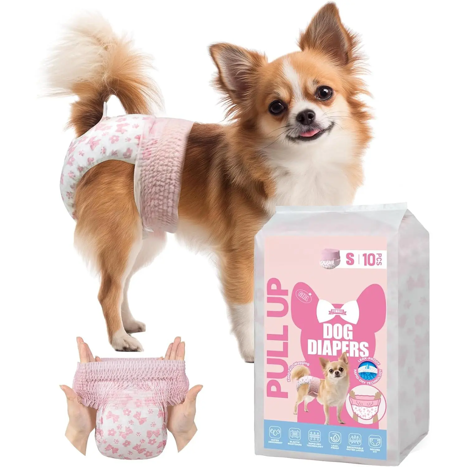 Disposable Pull It Up Female Dog Diapers, 360 °     Stretchy Waist Puppy Diapers, Super-Absorbent Doggie Diapers with Rapid-Dry Technology Leak-Proof Design