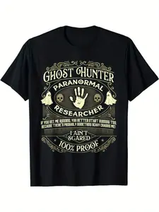 Men'S Paranormal Researcher T-Shirt - 100% Loose Fit Crew Neck, EVP Recorder & Spirit Box Graphic with Ghostly Handprint & EVP Tape Design, Spooky Themed Casual Tee for Paranormal Investigation Teams, All-Season Comfort
