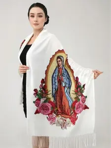 Elegant Printed Polyester Scarf with Tassel Fringe, Shawl Wrap for Women, Windproof & Warm, Perfect for Parties & Gifts