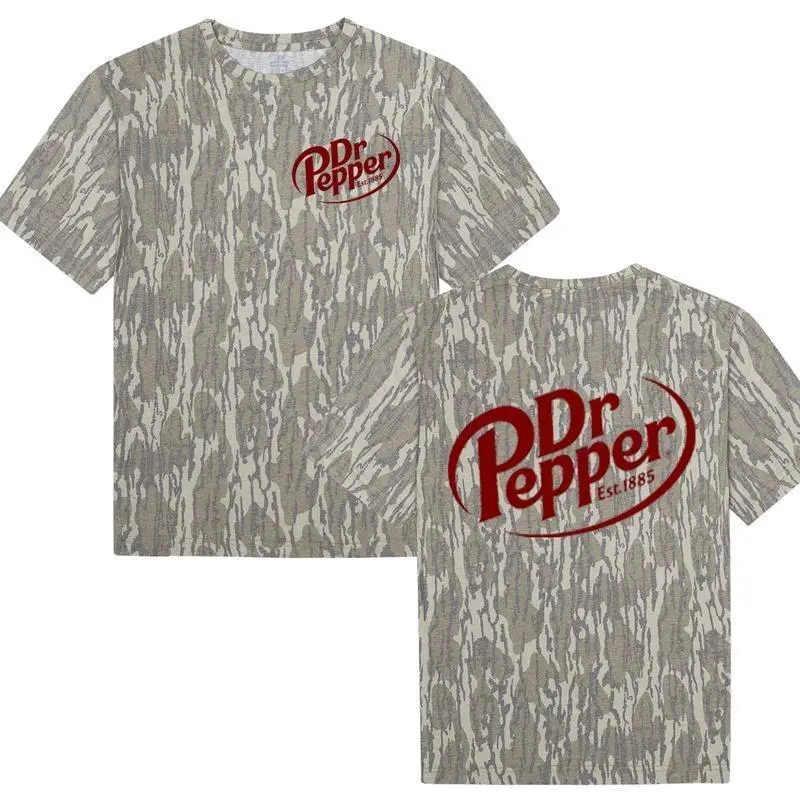 Dr Pepper Bottomland Camo T-Shirt, Men's Front & Back Logo Graphic Tee, Vintage Outdoor Short Sleeve Shirt