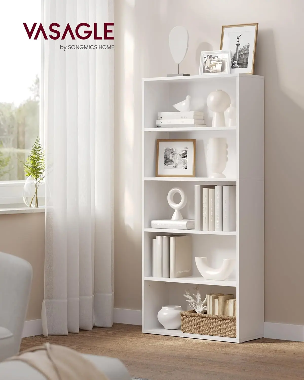 VASAGLE CUSTOS Collection - Bookshelf, 5-Tier Bookcase, Book Shelf, Open Storage Shelf, 9.4 x 23.6 x 52.5 Inches, for Living Room, Home Office, Dining Room, Cloud White ULBC165T14
