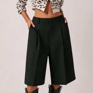Womens Shorts Front-Pocket Design Knee-Length Suit Pants Bermuda Shorts Relaxed Fit Elegant Cut Formal Bottoms Street Style Office Style Business-Casual Summer Outfits