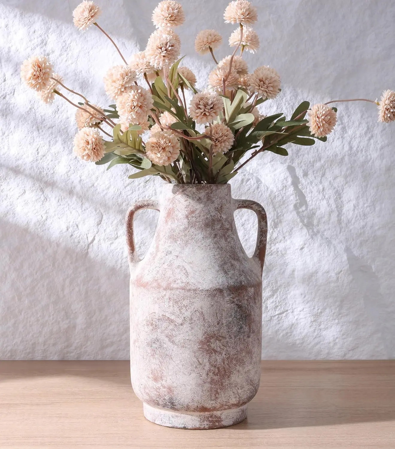 Ceramic Flower Vase with Handles 11 in Tall Rustic Farmhouse Pottery Decorative Large Vase for Living Room Entryway Kitchen Table Centerpieces Home Decor Neutral