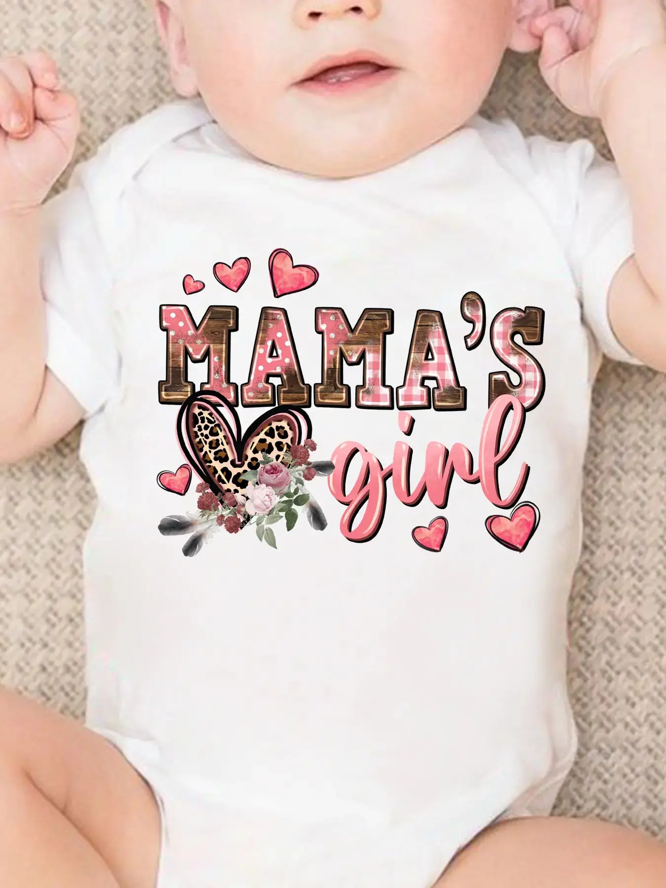Baby Girl Western Boho Bodysuit - "Mama's Girl" Floral & Leopard Print, Breathable Cotton Blend Short Sleeve Outfit, Gentle Fibers, Easy Snaps Clothing